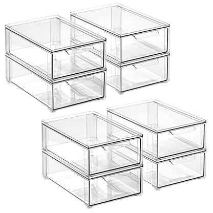 mDesign Plastic Stackable Bathroom Storage Organizer Bin with Pull Out Drawer for Cabinet, Vanity, Shelf, Cupboard, Cabinet, or Closet Organization - Lumiere Collection - 8 Pack - (Clear, 8 x 12 x 4) - size: 8 x 12 x 4 (Pack of 8)