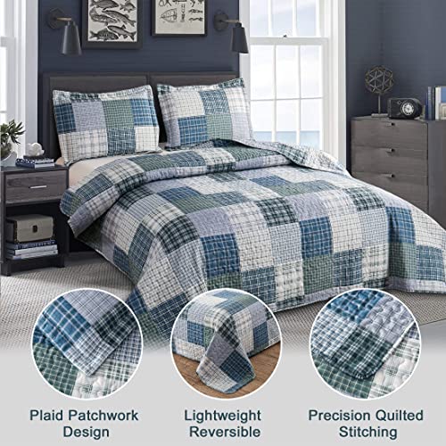 Quilt Set Twin Size Plaid Bedspread Coverlet Twin Quilt Set Bedding Mens Boys Quilt Bedspread Patchwork Bedding Home Modern Soft Lightweight Coverlet Reversible Quilt Bed Spread with 2 Pillow Shams - color: Blue Green Black, size: Twin