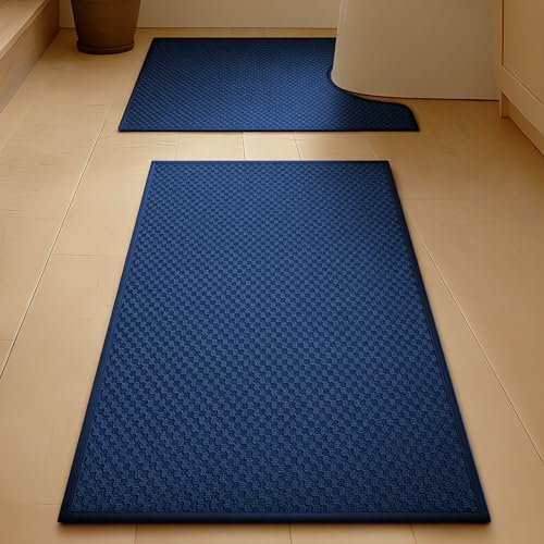YIHOUSE Bathroom Rugs Sets 2 Piece Non Slip Washable, Absorbent Quick Dry Bath Mat Set with Toilet Mat, Weave Texture Low Profile Bath Rugs, Floor Mats for Tub, Shower (17"x24" + 17"x24"U, Dark Blue) - color: Dark Blue, size: 2 Pieces (17"x24" + 17"x24"U)