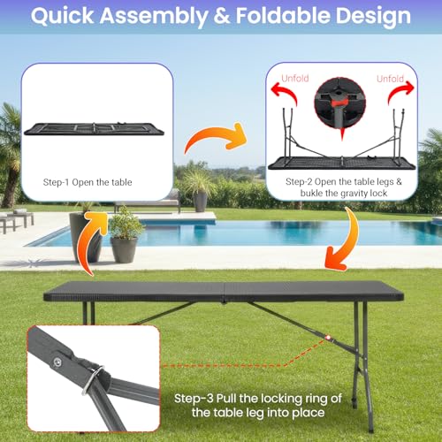 FDW 6FT Folding Table, Portable Fold-in-Half Plastic Picnic Party Table with Carrying Handle （Black Ratten, 6FT） - color: Black Ratten, size: 6 FT 70"x29"