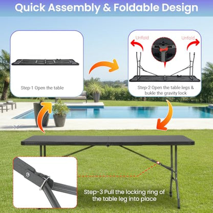 FDW 6FT Folding Table, Portable Fold-in-Half Plastic Picnic Party Table with Carrying Handle （Black Ratten, 6FT） - color: Black Ratten, size: 6 FT 70"x29"
