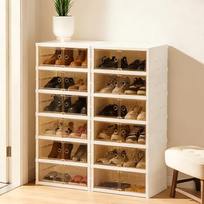Foldable Shoe Rack Organizer Collapsible Shoe Storage Organizer with Doors, Large Plastic Folding Shoe Rack, Clear Shoe Storage Boxes Easy Assembly Shoe Cabinet for Entryway (2 x 6 Tiers-12 Pairs) - size: 2 x 6 Tiers-12 Pairs