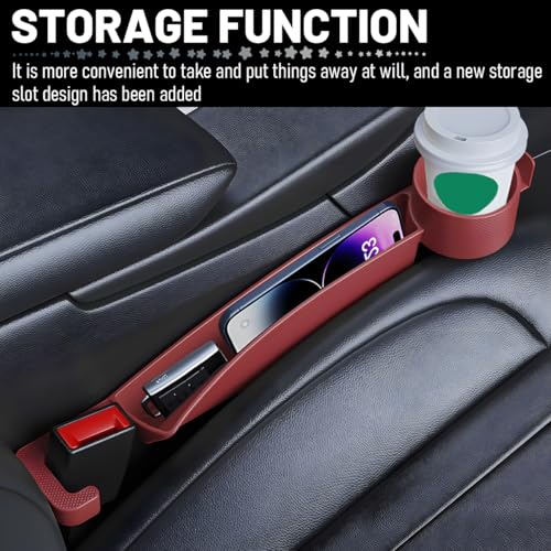 2PCS Car Seat Gap Filler Organizer with Cup Holder, Multifunctional Side Seat Crevice Blocker Plug with Storage Slot, No-Drop Auto Console Side Gap Stopper Organizer, Universal Fit (Red) - color: Red