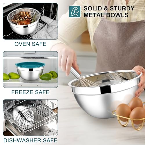 E-far Mixing Bowls with Lids Set, 7-Piece Stainless Steel Mixing Bowls with 3 Grater Attachments, Size 4.6, 3.5, 2.6, 2, 1.5, 1, 0.7QT, Metal Nesting Bowls & Blue Airtight Lids, For Baking/Cooking - color: Blue, size: 7 Regular Sizes