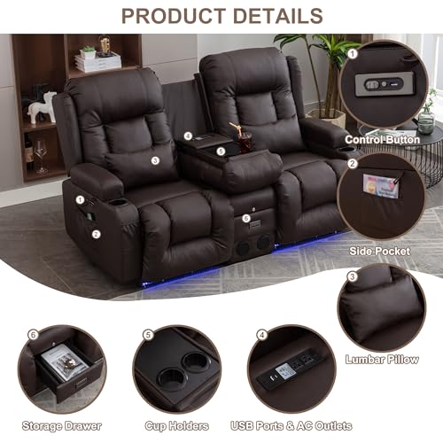 TUNYI Power Loveseat Recliner Sofa with Massage & Heat Home Theater Seating with Console RV Recliner Loveseat Sofa with USB/Storage/Side Pocket/LED Light/Speaker (Brown, Loveseat) - color: Brown, size: 2 Seat