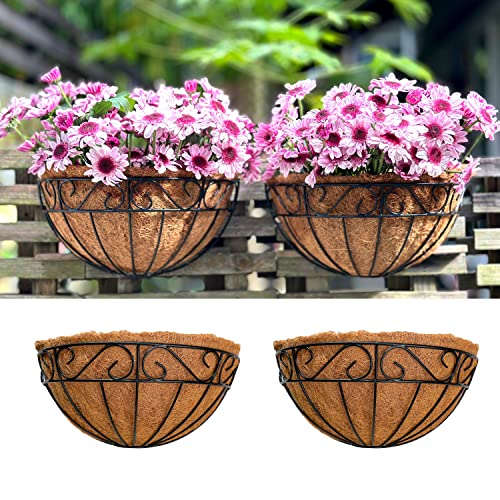 LaLaGreen 16 Inch Wall Hanging Planters - 2 Pack, Large Wall Mounted Flower Basket with Coco Liner, Black Metal Horse Trough Window Herb Pot Holder Outdoor Plants Fence Rail Railing Deck Porch Balcony - size: 16" (40.6cm) x 2 Pack