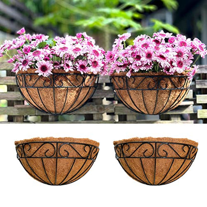 LaLaGreen 16 Inch Wall Hanging Planters - 2 Pack, Large Wall Mounted Flower Basket with Coco Liner, Black Metal Horse Trough Window Herb Pot Holder Outdoor Plants Fence Rail Railing Deck Porch Balcony - size: 16" (40.6cm) x 2 Pack