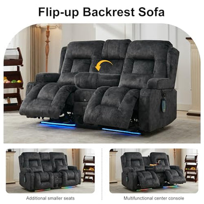 TUNYI Power Loveseat Recliner Sofa with Massage & Heat Home Theater Seating with Console RV Recliner Loveseat Sofa with USB/Storage/Side Pocket/LED Light/Speaker (Grey, Loveseat) - color: Grey, size: 2 Seat