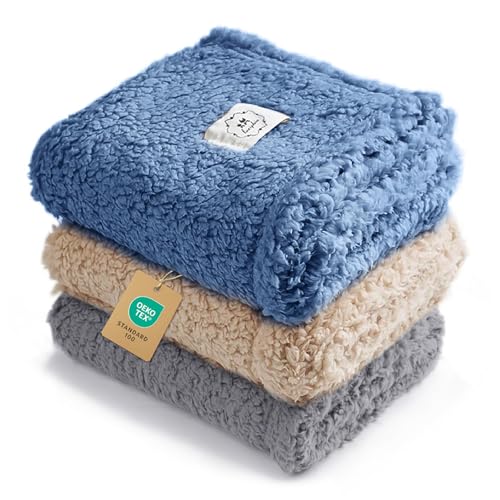 Luciphia 1 Pack 3 Calming Dog Blanket Fluffy Premium Fleece Pet Blankets Soft Sherpa Throw for Dogs Puppy Cat Grey/Beige/HazeBlue Medium (30" x20") - color: Grey/Beige/Hazeblue, size: Medium (Pack of 3)