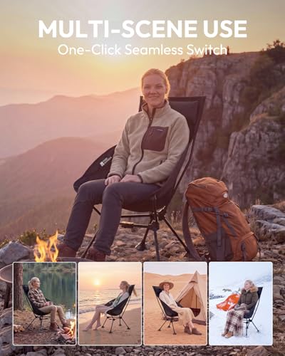 MOBI GARDEN High Back Camping Chair, 400lb Heavy Duty Portable Folding Chair with Adjustable Headrest, Ultralight Moon Chair with Universal Anti-Sinking Feet and Side Pocket for Beach, Hiking, Picnic