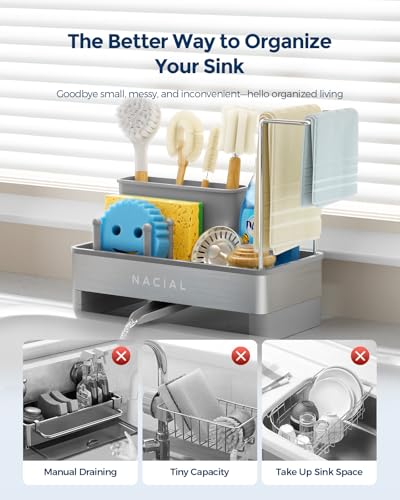 Nacial Sponge Holder for Kitchen Sink, Sink Caddy Organizer with High Brush Holder & Two Towel Racks - Rustproof 304 Stainless Steel Kitchen Countertop Storage Essentials - Gris - color: Gris