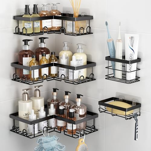 Liuoud Corner Shower Caddy 5 Pack, Rustproof Stainless Steel Shower Organizer with Soap Rack Toothbrush Holder, Large Capacity Adhesive No Drilling Bathroom Storage Decor Set, Black - color: Black