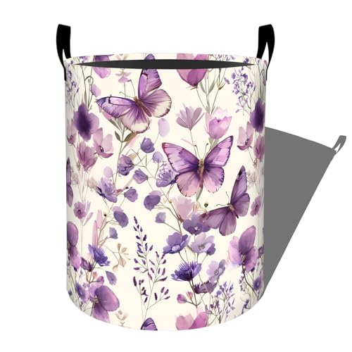Watercolor Butterfly and Wildflowers Laundry Basket with Handles, 19.7"x15.7" Clothes Foldable Laundry Hamper Organizer for Dorm Nursery Bedroom Bathroom Decor, Toy Storage Bin for Kids - style: Butterfly11