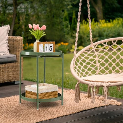 danpinera 2 Tier Metal Side Table with Removable Tray, End Table Outdoor Small Accent Table, Anti-Rust Green Nightstand for Bedroom Balcony Patio (Dark Green) - color: Dark Green
