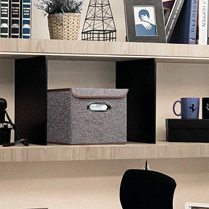 Storage Bin [Set of 4] Linen Fabric Foldable Container with Lid, Collapsible Organizer Boxes Cubes - 10 x 10 x 10 Inches (Gray) - color: Gray