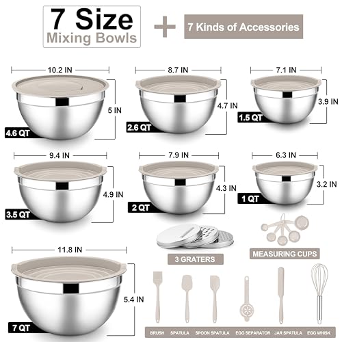 E-far Mixing Bowls with Lids Set, 21PCS Stainless Steel Mixing Salad Bowls with 3 Grater Attachments, Size 7, 4.6, 3.5, 2.6, 2, 1.5, 1QT, Nesting Design & Khaki Airtight Lid, For Baking/Prepping - color: Khaki, size: 7 Large Sizes