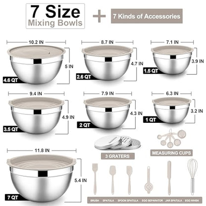 E-far Mixing Bowls with Lids Set, 21PCS Stainless Steel Mixing Salad Bowls with 3 Grater Attachments, Size 7, 4.6, 3.5, 2.6, 2, 1.5, 1QT, Nesting Design & Khaki Airtight Lid, For Baking/Prepping - color: Khaki, size: 7 Large Sizes