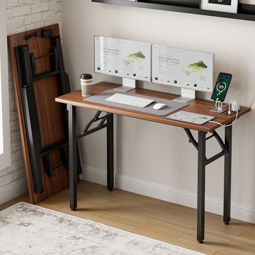 Frylr Small Folding Computer Desk – 43.3 Inch Portable Table for Craft and Study, Lightweight Desk for Small Spaces, Foldable Laptop Table Built-in AC/USB Outlets for Convenience, Dark Walnut - color: Dark Walnut, size: 43.3 x 19.7 Inch, style: With Power
