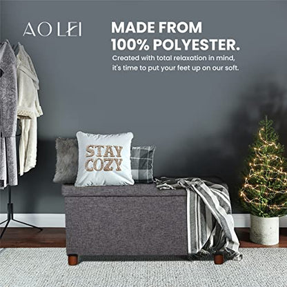 30 Inches Storage Ottoman Bench, Rect Grey, Modern, Classic Style, Linen Fabric, Walnut Wood Legs - color: Rect Grey