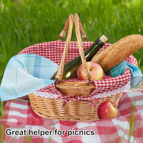GNIEMCKIN 1 Pack 14 Inch Wicker Basket with Handle, Wicker Picnic Baskets with Checkered Liner, Oval Willow Woven Basket for Fruit, Wine, Wedding, Picnic - size: 1 Pack 14 Inch