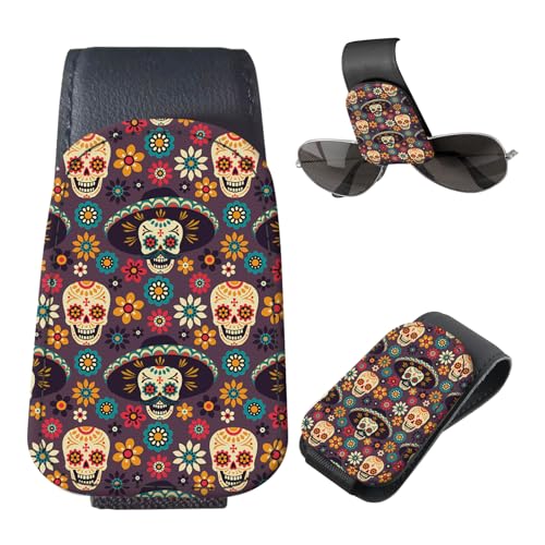 Sunglasses Holder for Car Visor, PU Leather Glasses Clip Organizer, Cute Magnetic Eyeglass Holder for Vehicle Sun Visor, Car Interior Accessory for Women & Men Sugar Skull Floral - color: Sugar Skull Floral