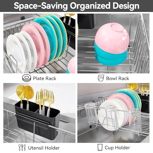 Urackify Dish Drying Rack in Sink, Stainless Steel Expandable Over the Sink Dish Rack with Utensil Holder & Cup Holder, Kitchen Drying Rack for Inside Sink, 15.35" x 11.02" x 4.84", Silver - color: Silver, size: Expandable - 15.35"~23.23“ x 11.02" x 4.84"
