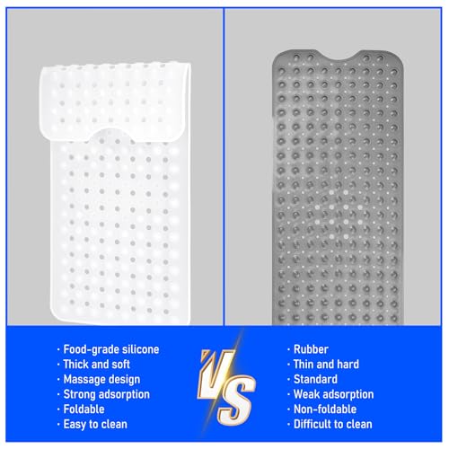 Silicone Bath Tub Mat Non Slip, 36"x16" Shower Foot Scrubber Mat with Drain Holes and Suction Cups, Upgraded Bathtub and Shower Mats, Machine Washable Bathtub Floor Liner Mats for Bathroom (Clear) - color: Clear