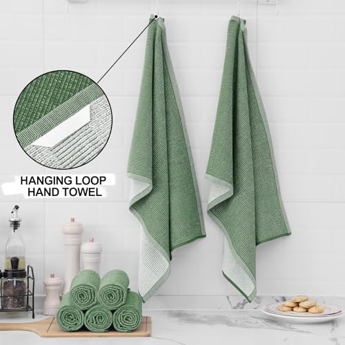 Homaxy Premium Kitchen Towels(18”x 28”, 3 Pack), Large Cotton Kitchen Hand Towels, Flat and Terry Dish Towels, 380 GSM Highly Absorbent Tea Towel Set with Hanging Loop, Grass Green - color: Grass Green, style: 3-pack