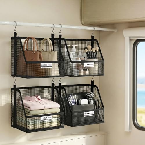 STORAGE MANIAC 3 Tier Hanging Closet Organizer with Mesh Baskets, Clothes Hanging Shelves, Foldable Stackable Storage, Space-Saving Collapsible Basket with Hooks for RV, Dorm, Bedroom, College, Black - size: 3 Tier