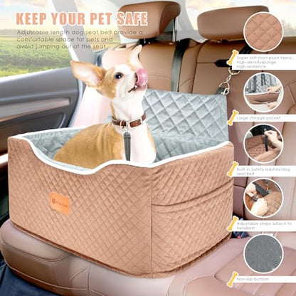 AlfaTok Memory Foam Booster Dog Car Seat Medium Dogs, Elevated Pet Car Seat Under 45 LBS, Detachable Washable, Anti-Slip Dog Booster Seat for Car Back Seat Only, Travel Dog Car Bed, Dog Seat Belt - color: Brown