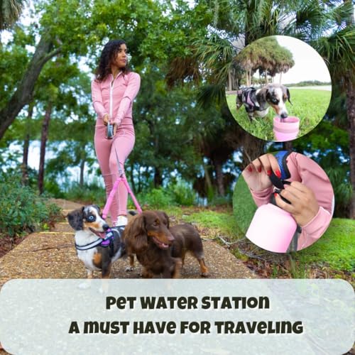 OhmyPet | Pet Water Bottle Station with 3 Bowls and 32oz Bottle, Pink or Blue | for Traveling Hiking Outing - color: Pink