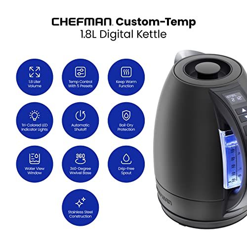 Chefman Electric Tea Kettle, 1.8 Liter Hot Water Electric Kettle Temperature Control Water Boiler with 5 Presets, Tri-Colored LED Lights, Keep Warm, Automatic Shutoff, Black - color: Black, style: Stainless Steel