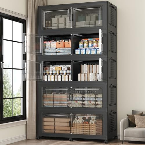 250Gal Stackable Storage Bins with Lid, 1000Qt Extra Large Collapsible Storage Box with Wheels, Dividers, Folding Plastic Cabinet Closet Organizers for Home Kitchen Office Dorm, 5Pack Black - color: Black, size: 50Gal-5Pack