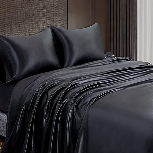 Homiest 3pcs Satin Sheets Set Luxury Silky Satin Bedding Set with Deep Pocket, 1 Fitted Sheet + 1 Flat Sheet + 1 Pillowcase (Twin XL Size, Black) - color: Black, size: Deep pocket - Twin XL size