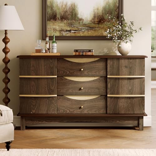STO'SENSE Buffet Cabinet with Stroage, Large Sideboard Buffet Cabinet w/ 3 Drawers, Solid Wood Handle, Modern Coffee Bar Station w/ 2 Doors, Concealed Storage Shelves & Sliding Tray (Walnut)
