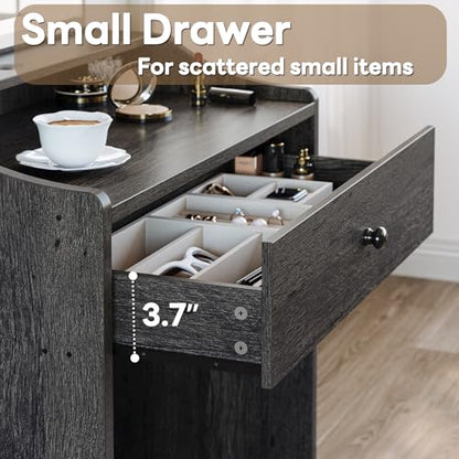 LIKIMIO Small Makeup Vanity Desk with Mirror and Lights, Vanity Table Set with Storage Drawer, Chair and Three Shelves, Bedroom, Charcoal Grey - color: Charcoal Grey
