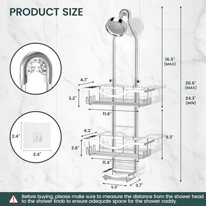 Shower Caddy Hanging Adjustable Shower Caddy, Rustproof Shower Organizer Extended Length Showers Caddy Over Shower Head with Hooks Soap Holder, Large Capacity Anti-Swing Bathroom Organizer, Silver - color: Silver