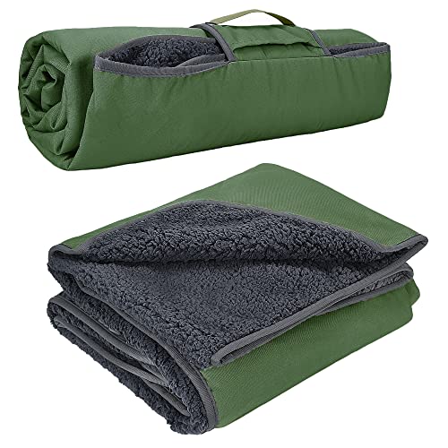 Tirrinia Waterproof Outdoor Blanket with Sherpa Lining, Windproof Triple Layers Warm Comfy Foldable for Camping Stadium, Beach, Picnic, Grass, Concerts, Car, Dog, 51''X 59'' & 59''X 80'' - color: Dark Green/Grey, size: 66” x 90”