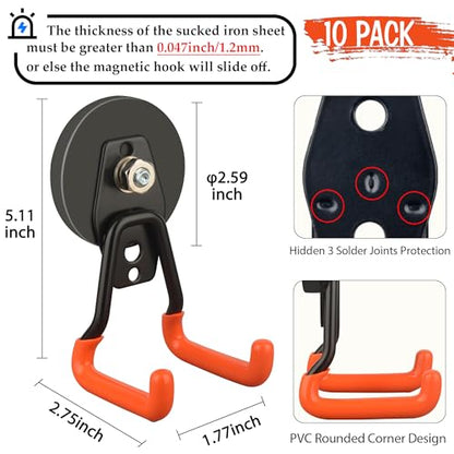 ULIBERMAGNET New Upgraded Heavy Duty Magnetic Garage Hooks,10 Pack Strong Large Magnet Hooks for Power Drill,Garden Tools,Hose,Pegboard,Garage, Workshop,Magnetic Storage Hook for Hanging(Orange) - style: V1 Pro 2.59" Strong Medium L Orange 10PC