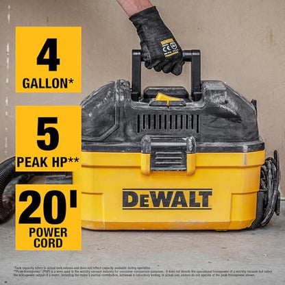 DEWALT DXV04T 4 Gallon Wet/Dry Shop Vacuum, 5 Peak HP Portable Corded Vac with Utility and Crevice Nozzles