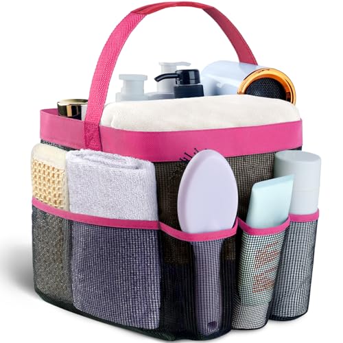 Attmu Mesh Shower Caddy Portable for College Dorm Room Camping Essentials, Shower Caddy Dorm with 9-Pockets, Large Capacity Hanging Basket Bathroom Bag for Toiletry, Swimming, Gym, Camp, Beach - color: Pink