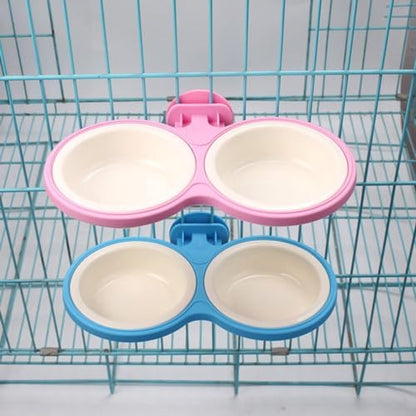 Pet Durable Bowl Cage Bowl, Pet Food Water Removable Bowls with Bolt Holder Hanging Cage Coop Cup Non-Skid Feeder Set Double Diners Portable for Feeding Dogs Cats Birds (Blue) - color: Blue