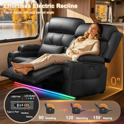 Power RV Loveseat Recliner Sofa, Reclining Loveseats Couch for RV Furniture, Home Theater Seating with Heat Massage, USB, Insert Pockets, Cup Holders, 150° Wall Hugger RV Recliners Sleeper Sofas - color: Black, size: Loveseat-G1-Power