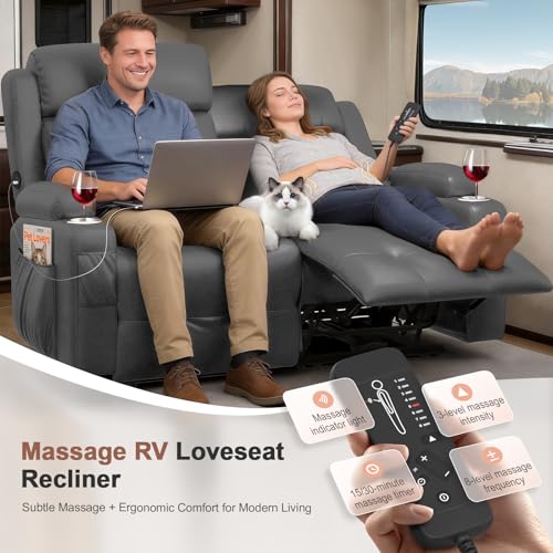 Reclining Loveseat, 55.1" RV PU Leather Wall Hugger Recliner Love Seats Sofa with Charging Station, Removable Armrest, Cup Holder, Double Recliners Couch, Manual Love Seat for Living Room - color: Dark Gray, size: Hera - Loveseat