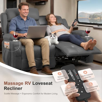Reclining Loveseat, 55.1" RV PU Leather Wall Hugger Recliner Love Seats Sofa with Charging Station, Removable Armrest, Cup Holder, Double Recliners Couch, Manual Love Seat for Living Room - color: Dark Gray, size: Hera - Loveseat