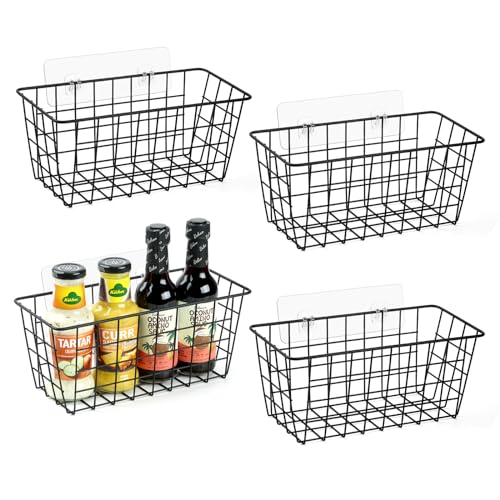 ZUSHALLMY 4 Pack Hanging Kitchen Baskets, Adhesive Wire Wall Storage Basket, No Drilling Hanging Fruit Baskets, Cabinet Door Organizer for Kitchen Bathroom Pantry, Upgrade Super-sized Adhesive (4)