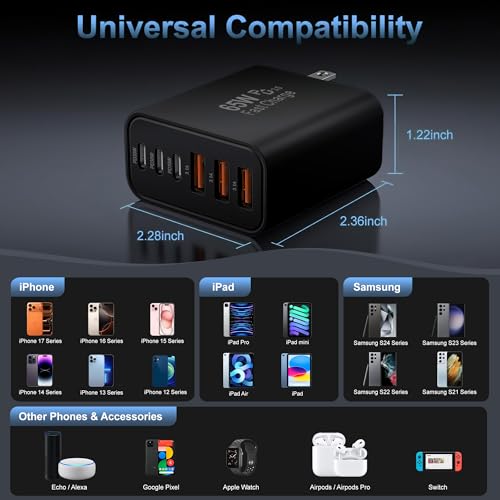 65W USB C Charger Block,6-Port Multi Device Fast Charger PD QC Wall Adapter | GaN technology saves space and reduces heat,ideal for home,office,travel,wide compatibility for iphone and USBC devices（Black - color: Black
