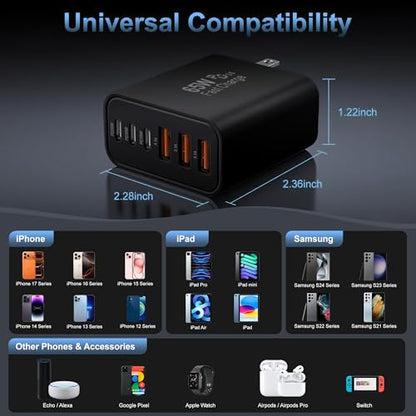 65W USB C Charger Block,6-Port Multi Device Fast Charger PD QC Wall Adapter | GaN technology saves space and reduces heat,ideal for home,office,travel,wide compatibility for iphone and USBC devices（Black - color: Black