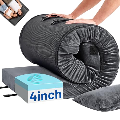 Memory Foam Camping Mattress Pad with Pillow - Extra Thick 4 Inch Sleeping Pad for Camping, Waterproof Roll Up Cot Mattress Topper Bed Mat for Car Truck Tent RV, with Storage Bag - color: Dark Gray, size: Full: 75*54*4"