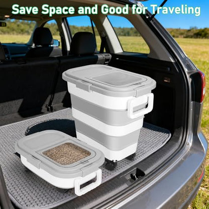 ShineMe Dog Food Storage Container, 30 Lbs Collapsible Food Storage Containers with Rolling Wheel Airtight Locking Lid, Cat Foods Bin with Cup and Scoop, Suitable for Pet Snack, Rice, Flour (Grey) - color: 30 Lbs Grey